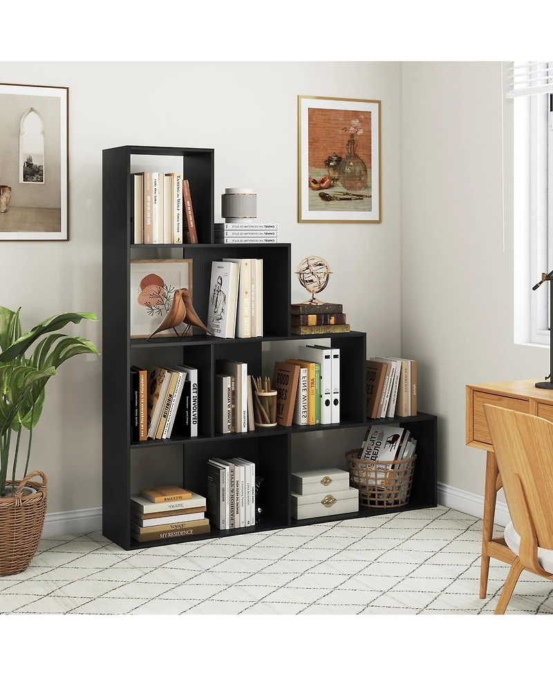 Slickblue 4-Tier Modern Stepped Bookshelf with 6 Storage Cubes for Living Room-Black