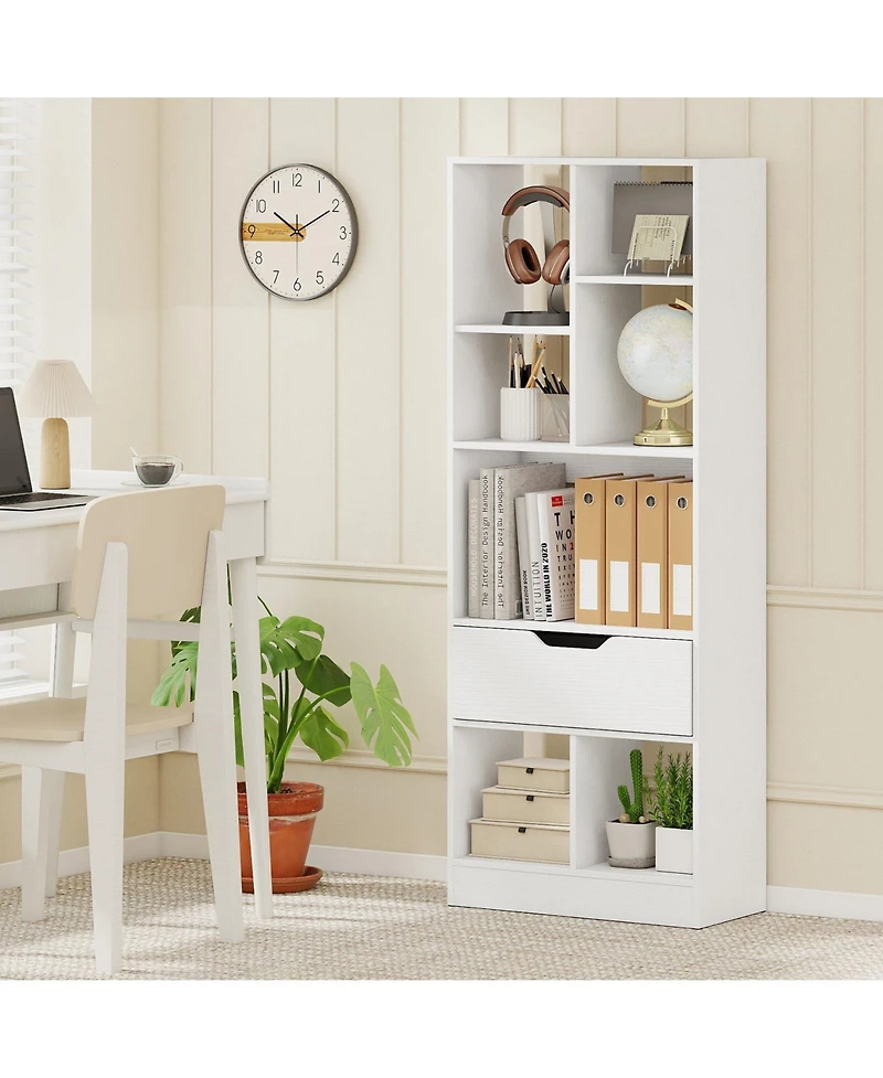 Slickblue 51 Inch Bookcase with Drawer and 7 Storage Compartments
