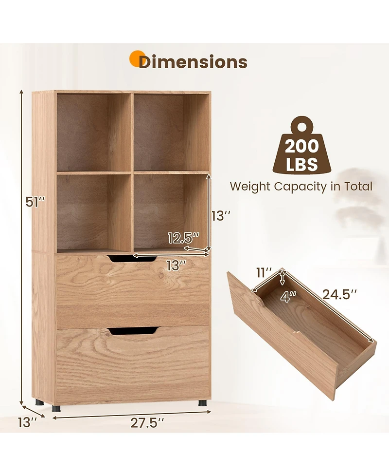 Sugift Tall Freestanding Bookcase with Drawers and Open Shelves