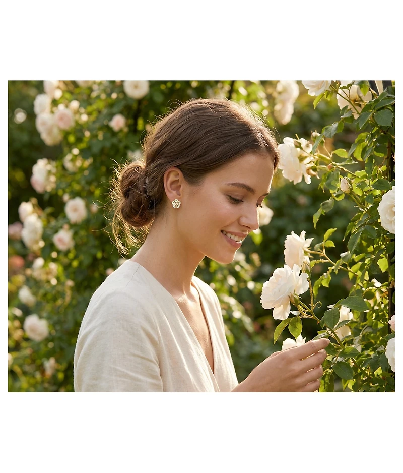 Bling Jewelry Fashion Enamel 3D White Rose Flower Stud Earrings Button Style For Non-Pierced Ears Gold Plated