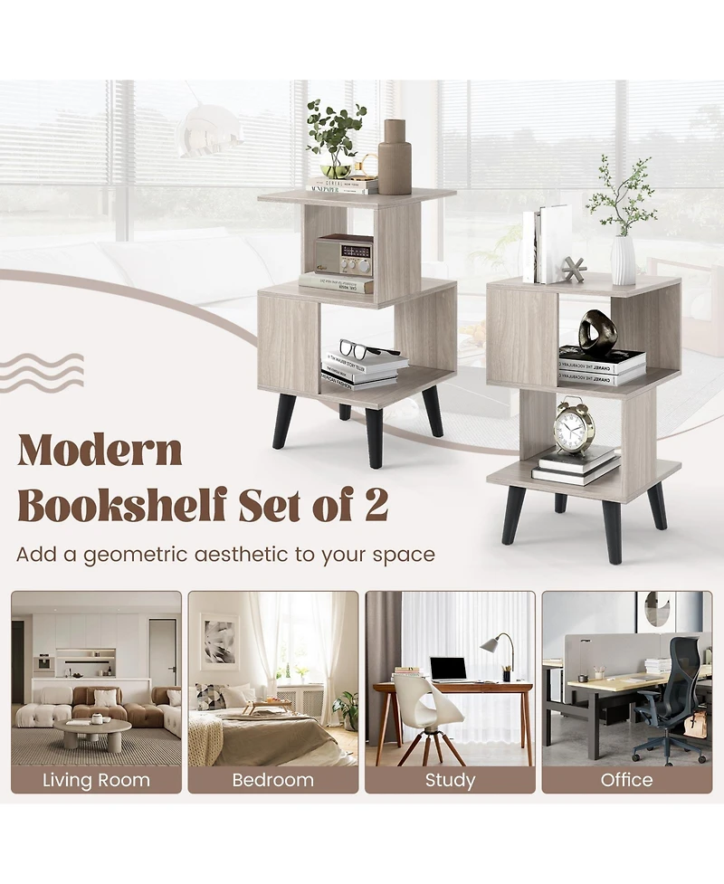 Slickblue 3-Tier Geometric Bookshelf Set of 2 with Open Shelves