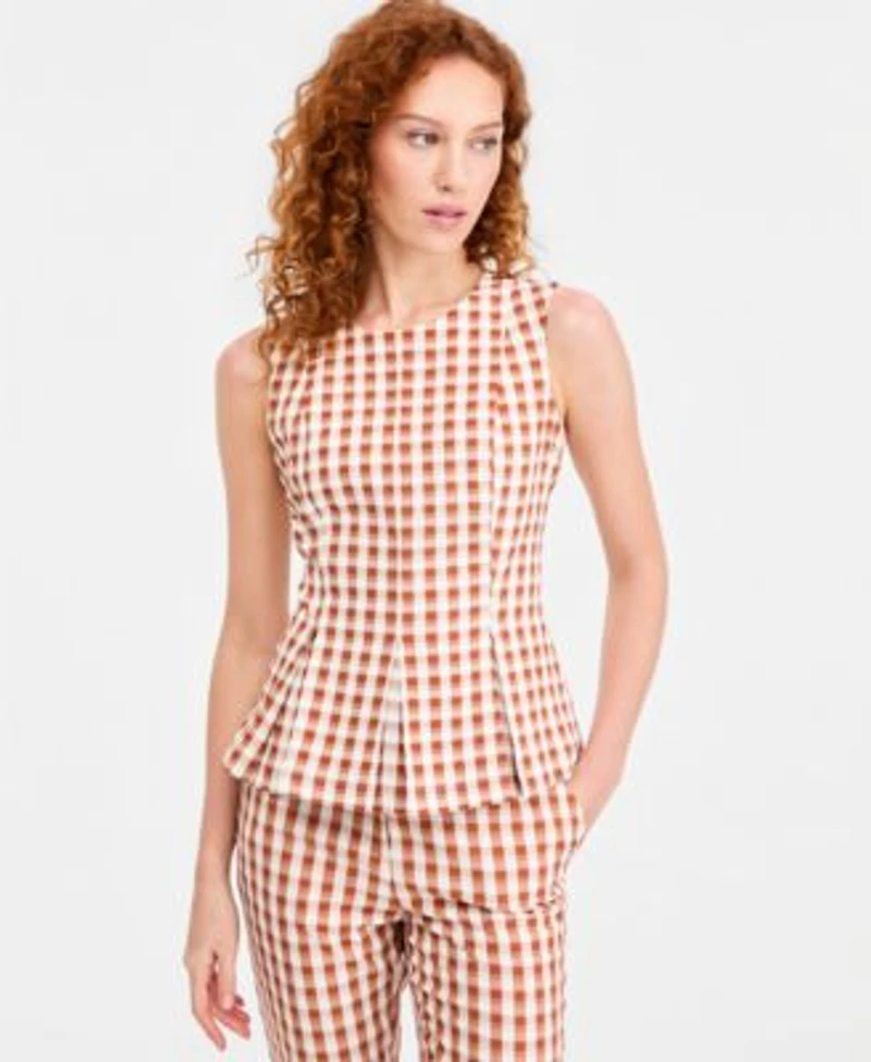 Tahari Asl Womens Gingham Sleeveless Peplum Top Gingham Cropped Slim Pants