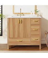 Sillysis 36 Inch Bathroom Vanity with Ceramic Sink, Solid Wood & Mdf, 4 Soft Close Drawers, Ample Storage for Small Spaces