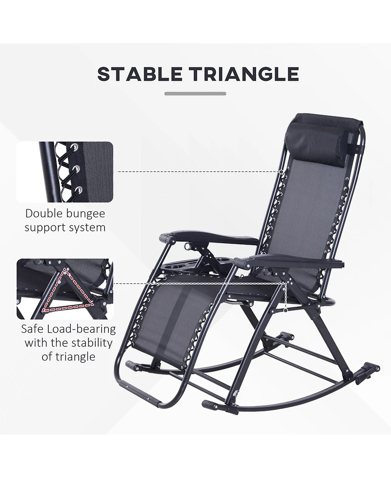 Outsunny Zero Gravity Reclining Rocking Chair, Lounge Rocker, Folding, Pillow, Side Tray, Cup and Phone Holder