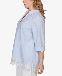 Ruby Rd. Plus Coastal Stripe Lace-Hem Henley Top