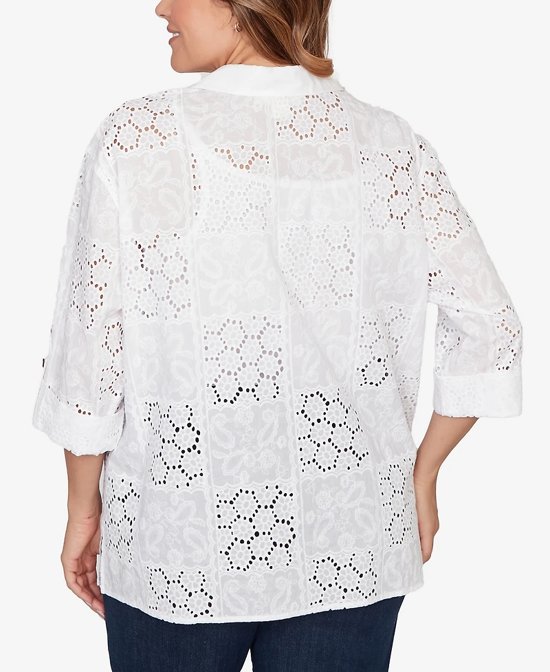 Ruby Rd. Plus Patchwork Eyelet Roll-Tab Sleeve Top