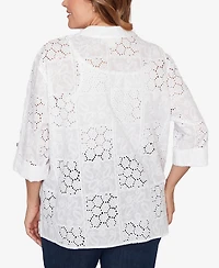 Ruby Rd. Plus Patchwork Eyelet Roll-Tab Sleeve Top