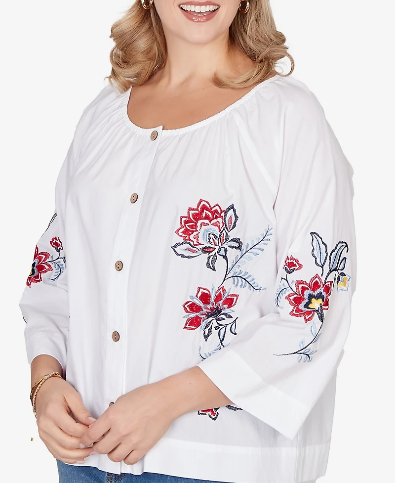 Ruby Rd. Plus Floral Embroidered Poplin Button Front Top