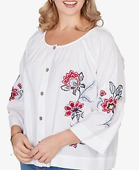Ruby Rd. Plus Floral Embroidered Poplin Button Front Top