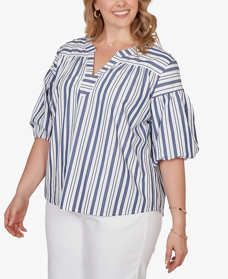 Ruby Rd. Plus Striped Cotton Poplin Elastic Cuff Top