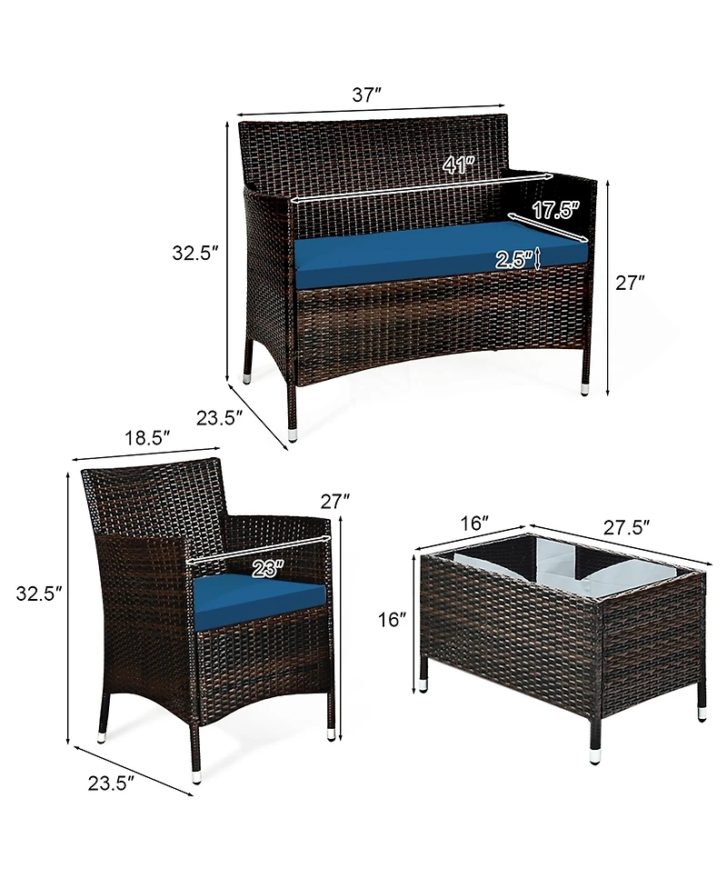 Gymax Set of Outdoor Patio Rattan Conversation Furniture Set w/ Cushion Table