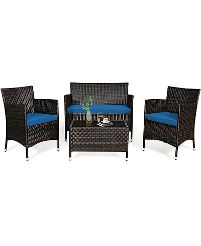 Gymax Set of Outdoor Patio Rattan Conversation Furniture Set w/ Cushion Table