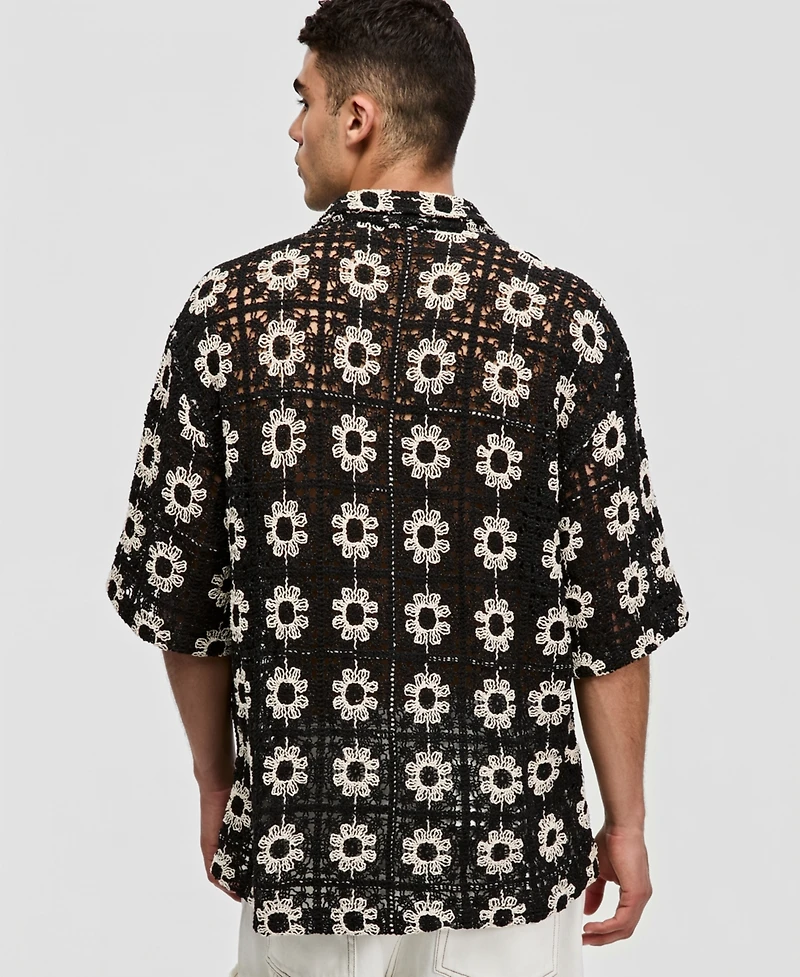 Mode of One Men's Boxy-Fit Short-Sleeve Crochet Shirt, Macy's Exclusive