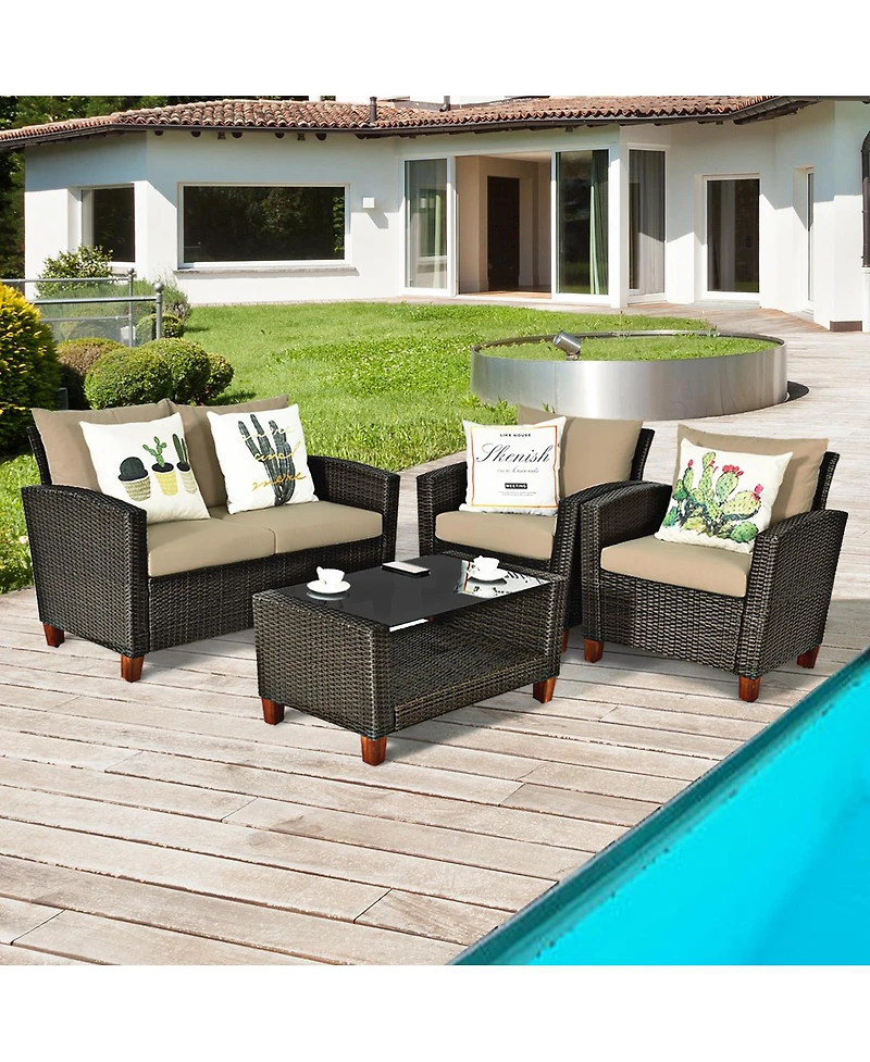 Gymax 4PCS Cushioned Rattan Conversation Set w/ Coffee Table Patio Outdoor