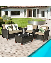 Gymax 4PCS Cushioned Rattan Conversation Set w/ Coffee Table Patio Outdoor