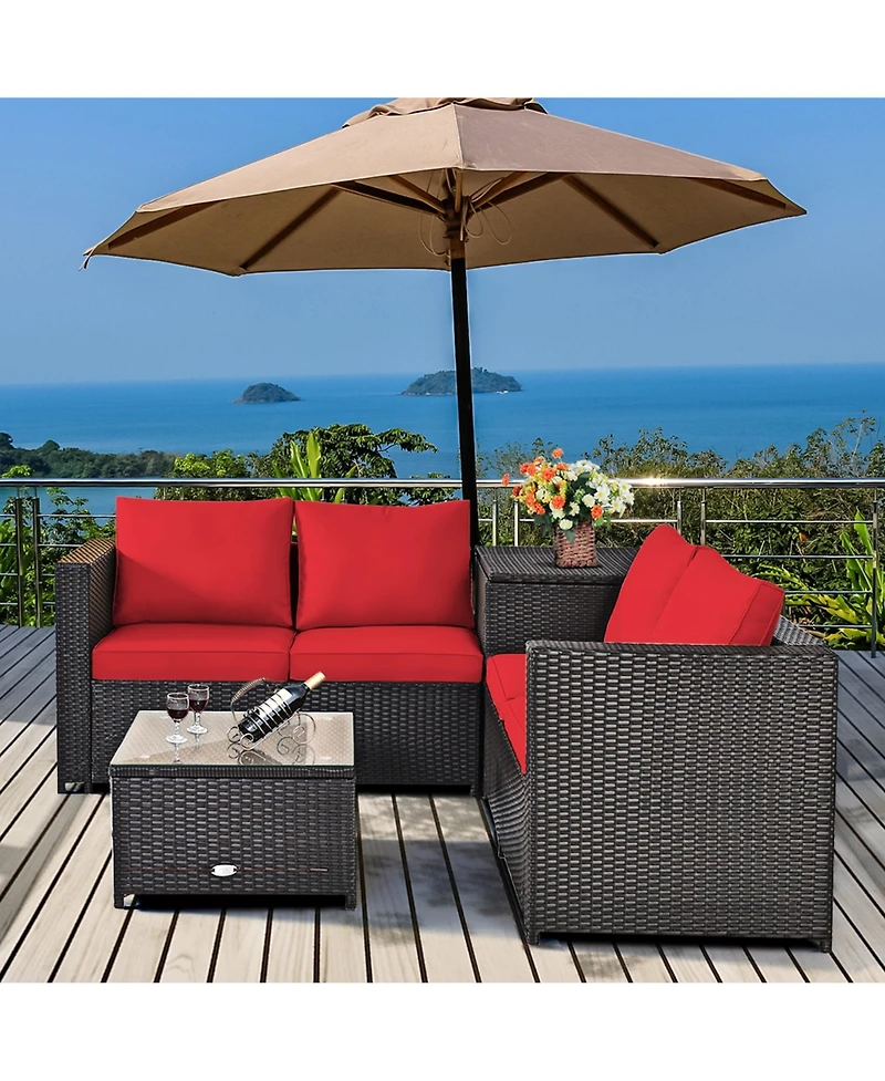 Gymax 4PCS Cushioned Rattan Patio Conversation Set w/ Side Table Cushion