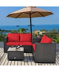 Gymax 4PCS Cushioned Rattan Patio Conversation Set w/ Side Table Cushion