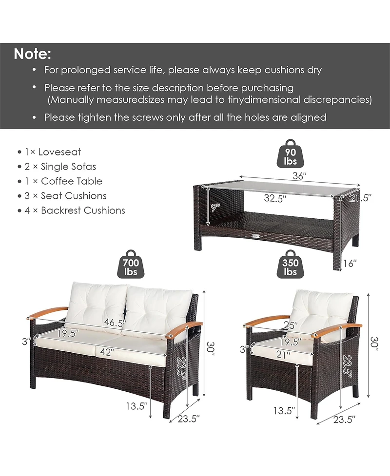 Gymax 4PCS Patio Conversation Set Rattan Sofa Furniture Set w/ Off Cushions