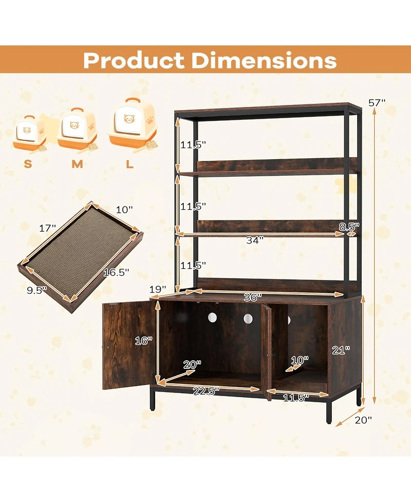 Gymax 57'' Cat Litter Box Enclosure w/ Storage 2-tier Shelves Removable Scratcher