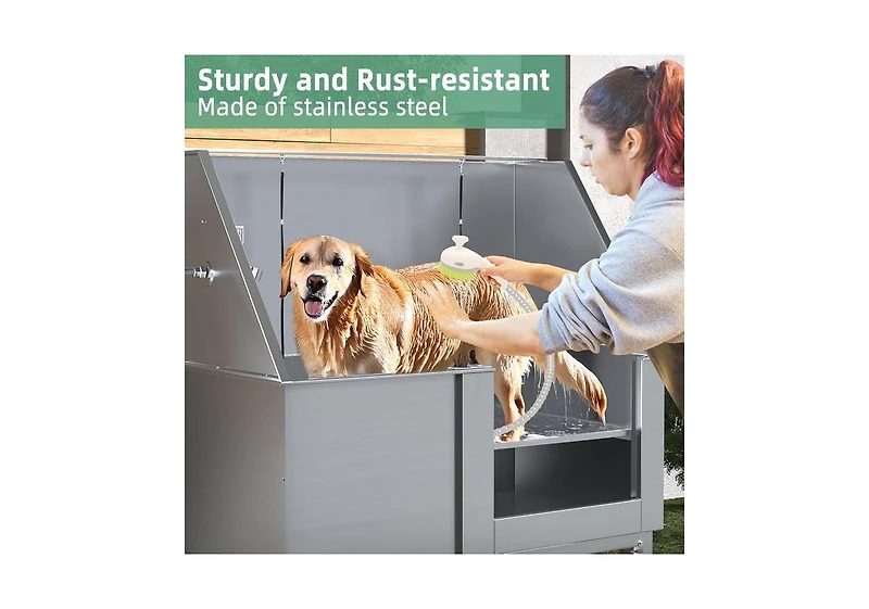 Aecojoy 50” Height Adjustable Stainless Steel Dog Bathtub with Ramp