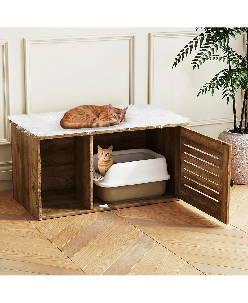 Gymax Cat Litter Box Enclosure w/ Winding Entry Louvered Door Wooden Pet Side Table
