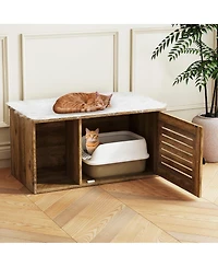 Gymax Cat Litter Box Enclosure w/ Winding Entry Louvered Door Wooden Pet Side Table
