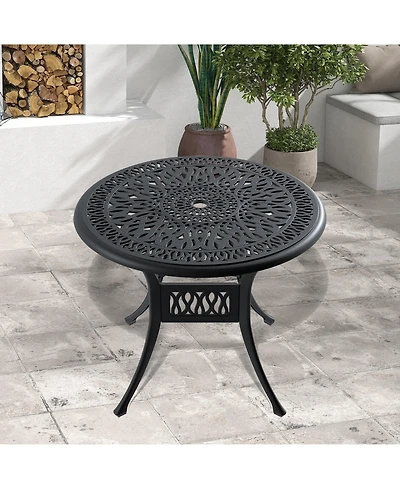 Clihome 35.43-inch Cast Aluminum Patio Dining Table With Black Frame and Umbrella Hole