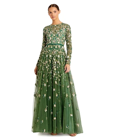 Mac Duggal Women's Petite Embellished High Neck Long Sleeve A-Line Gown