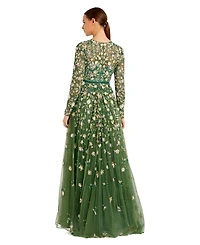 Mac Duggal Women's Petite Embellished High Neck Long Sleeve A-Line Gown