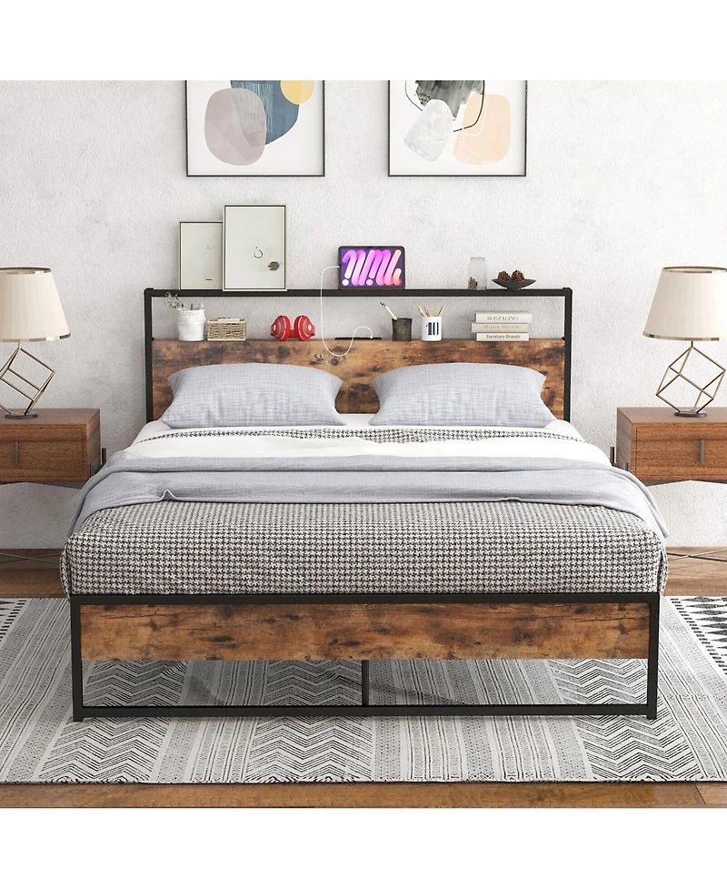 Gymax Industrial Platform Bed Frame with Charging Station Storage Headboard