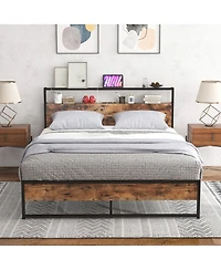 Gymax Industrial Platform Bed Frame with Charging Station Storage Headboard