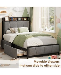 gaomon Bed Frame with 2 Drawers Charging Station Rustic Linen Upholstered No Box Spring Needed