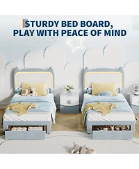 gaomon Twin Upholstered Led Bed Frame with Storage Drawer and Cat Headboard, Velvet Princess Platform Bed for Kids