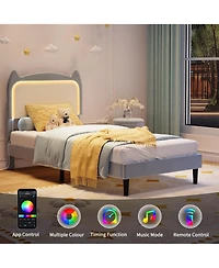 gaomon Twin Upholstered Bed Frame with Cat Headboard, Velvet Platform Frame for Kids, Sturdy Slats