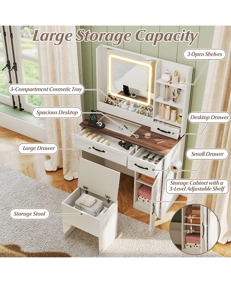Sugift Farmhouse Vanity Desk with Mirror and Built In Lights