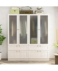 Famapy Wardrobe Closet with 2 Glass Doors and 2 Drawers, Wardrobe Closet Armoire with Hanging Rod
