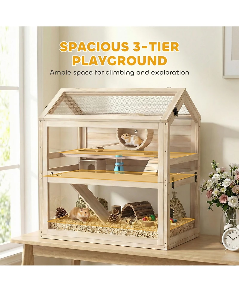 PawHut Wooden Hamster Cage, 3-Tier Small Animal Cage with Hut, Seesaw, Ramps