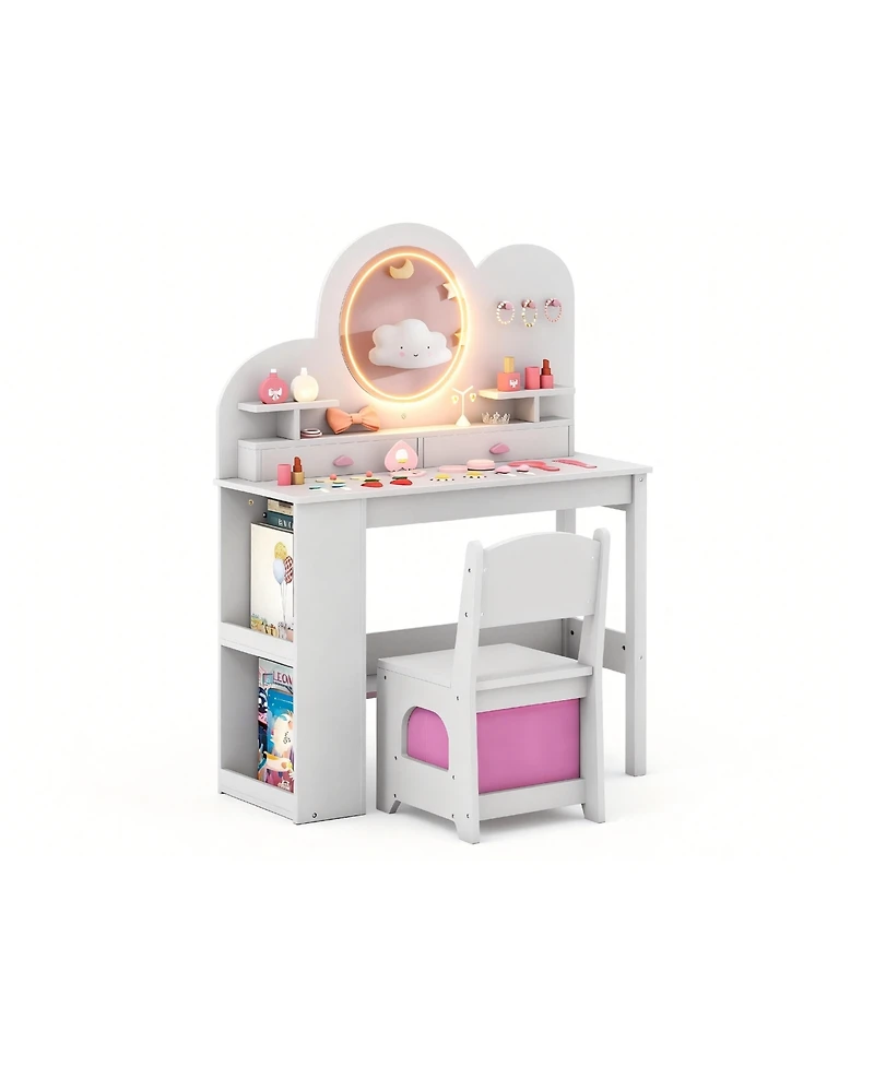 Sugift Kids Vanity Table and Chair Set with Lights Drawers Bookshelf