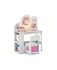 Sugift Kids Vanity Table and Chair Set with Lights Drawers Bookshelf