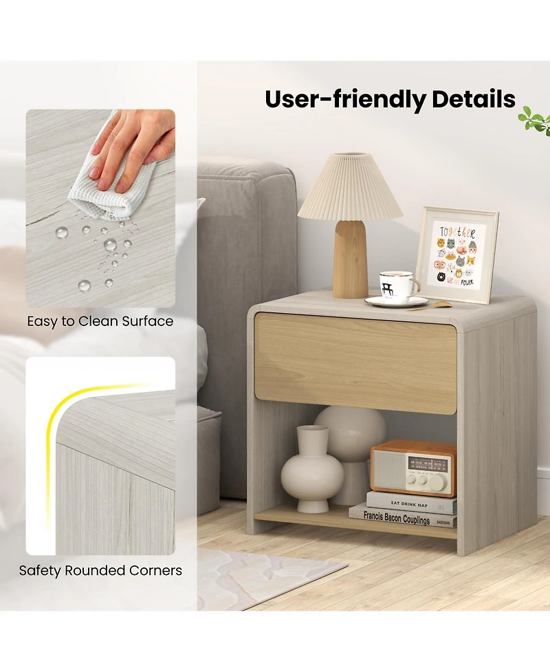 Sugift Modern Two Tier Nightstand with Drawer and Open Shelf