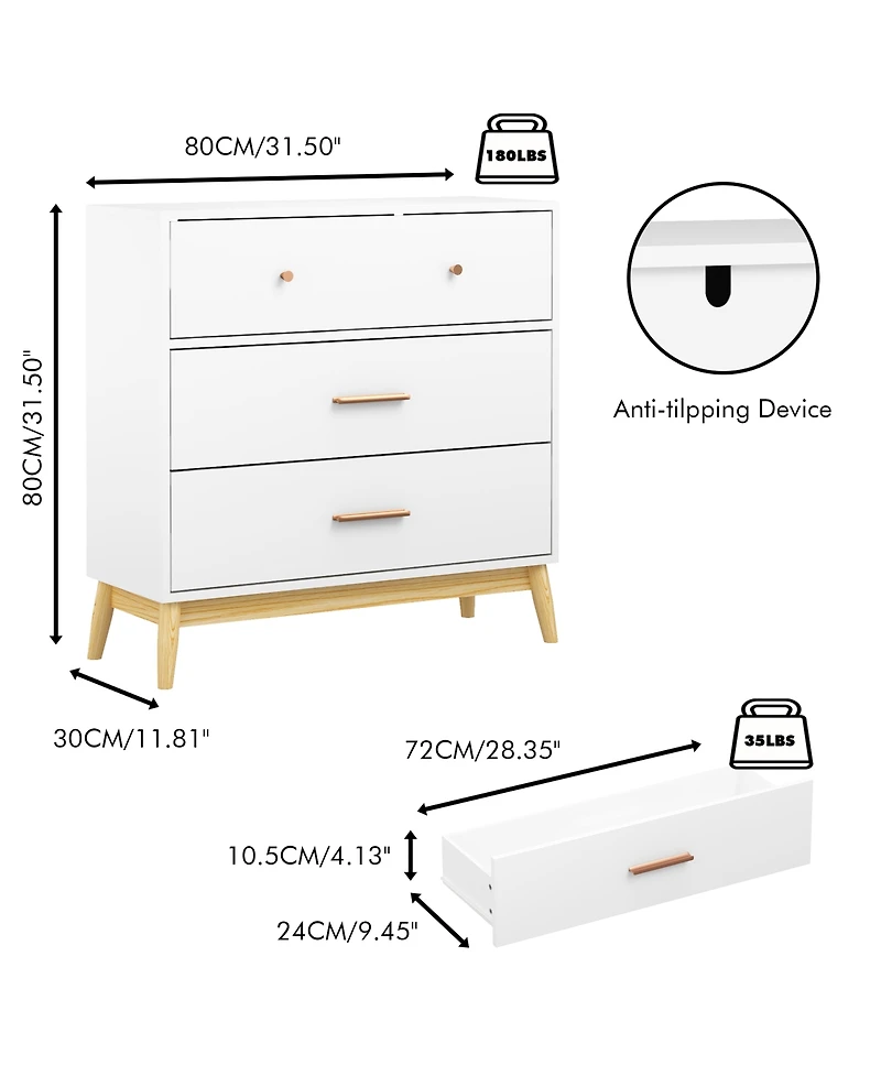 Rainsken Nordic Style 3-Drawer Dresser, Modern Chest of Drawers with Handles and Solid Wood Base, Organizer for Bedroom