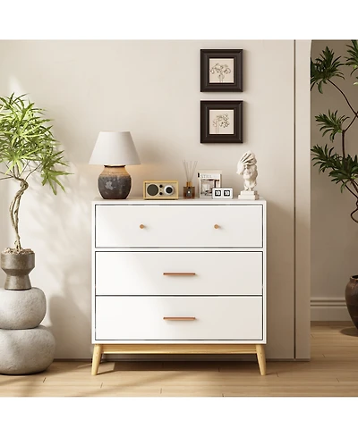 Rainsken Nordic Style 3-Drawer Dresser, Modern Chest of Drawers with Handles and Solid Wood Base, Organizer for Bedroom