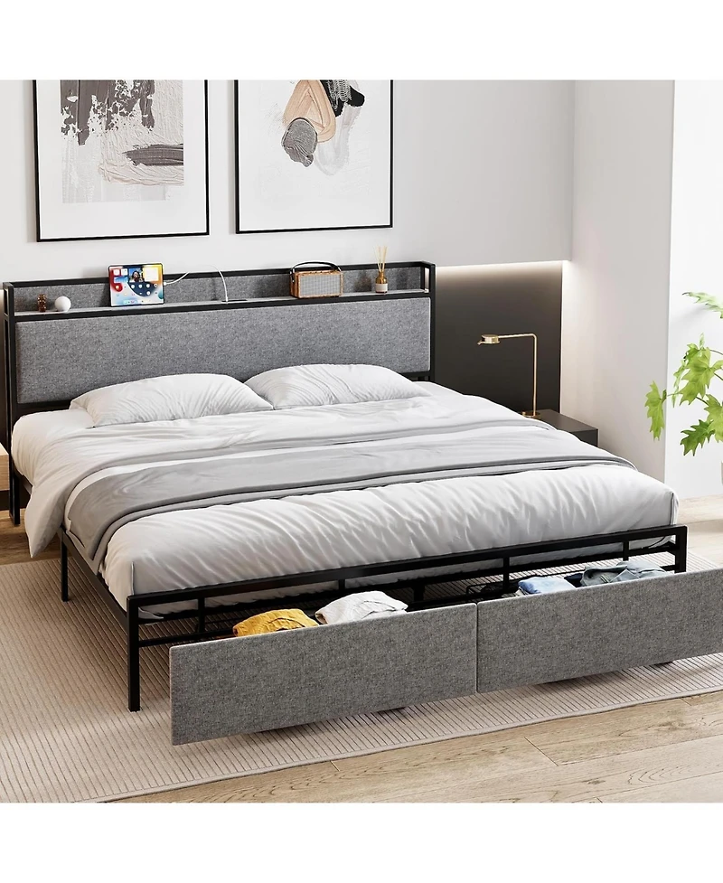 gaomon Platform Bed Frame with Storage Drawers and Usb Ports, Upholstered Headboard, Sturdy, Noise-Free, No Box Spring Needed