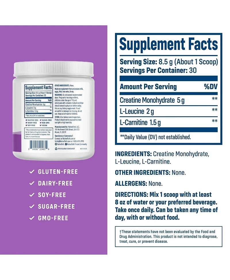 NativePath Creatine Monohydrate Powder with L-Leucine and L-Carnitine - Supports Muscle Health for Men and Women - 30 Servings