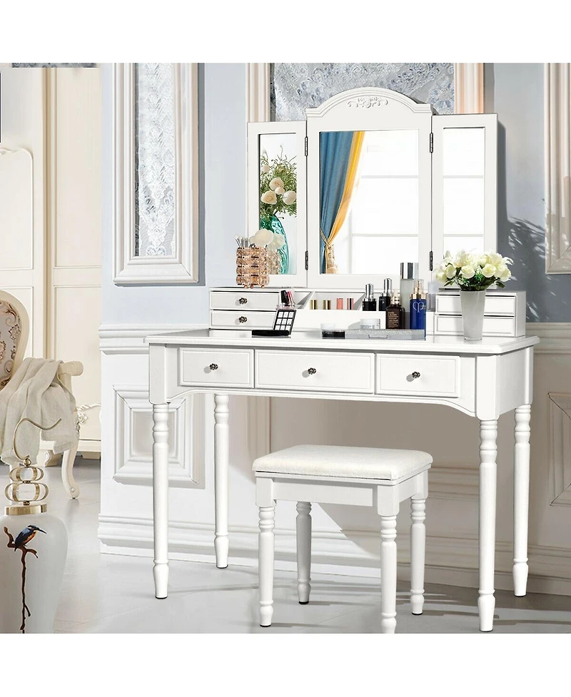 Sugift Makeup Dressing Table with Tri Folding Mirror and Stool
