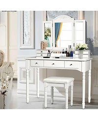 Sugift Makeup Dressing Table with Tri Folding Mirror and Stool
