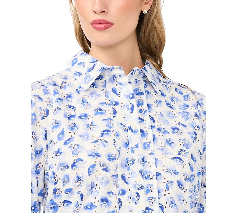 CeCe Women's Floral Collared Button-Down Top