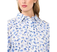 CeCe Women's Floral Collared Button-Down Top