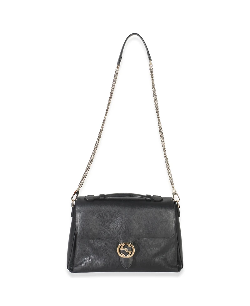 Pre-Owned Gucci Black Pebbled Calfskin Medium Interlocking G Flap Bag