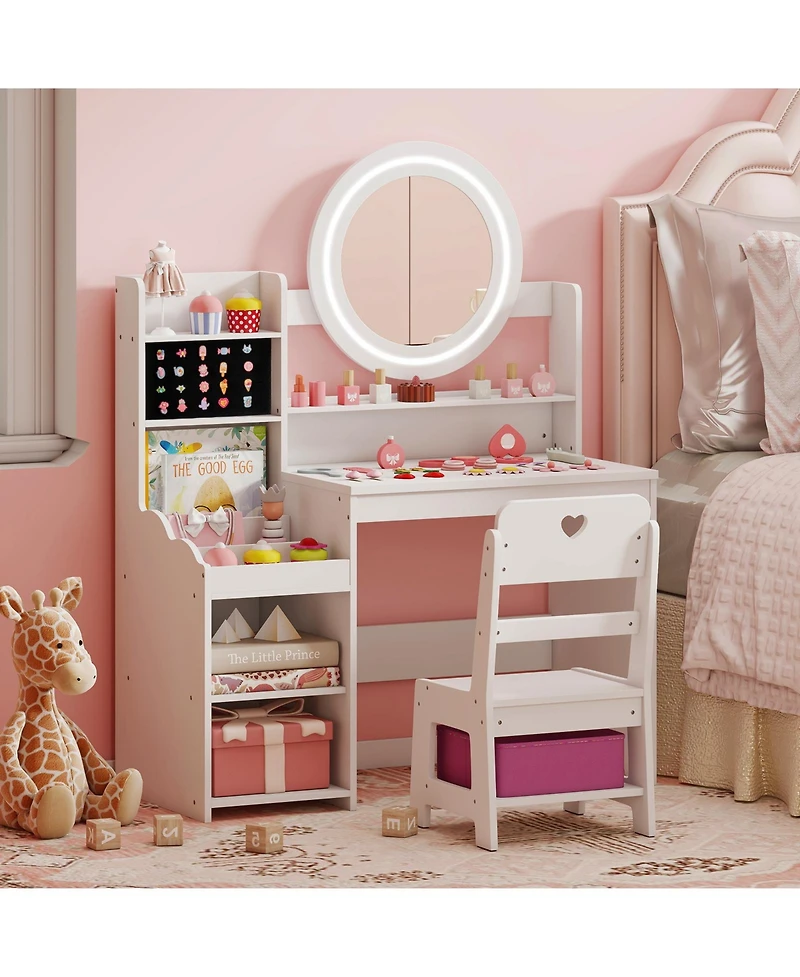Sugift Kids Vanity Desk with Mirror and Lights Dressing Table Set